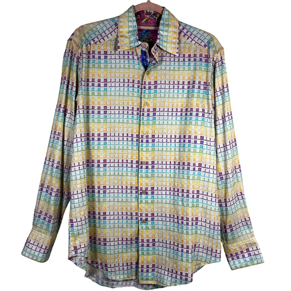 Robert Graham Rainbow Geometric Cotton Linen Button Down Shirt S Artsy Designer